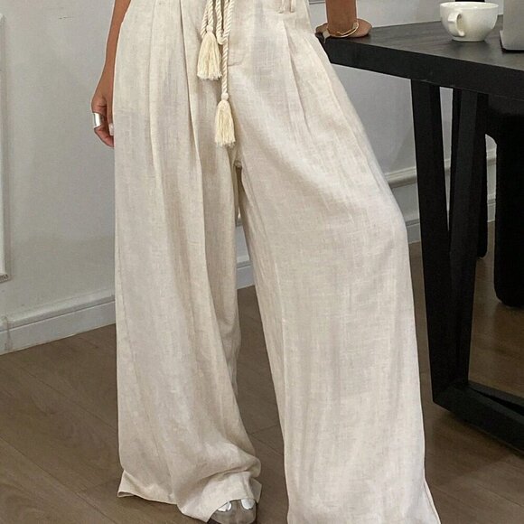 Apricot Casual Women's Pleated Waistband Drawstring Tassel Decor Pants - Picture 4 of 8